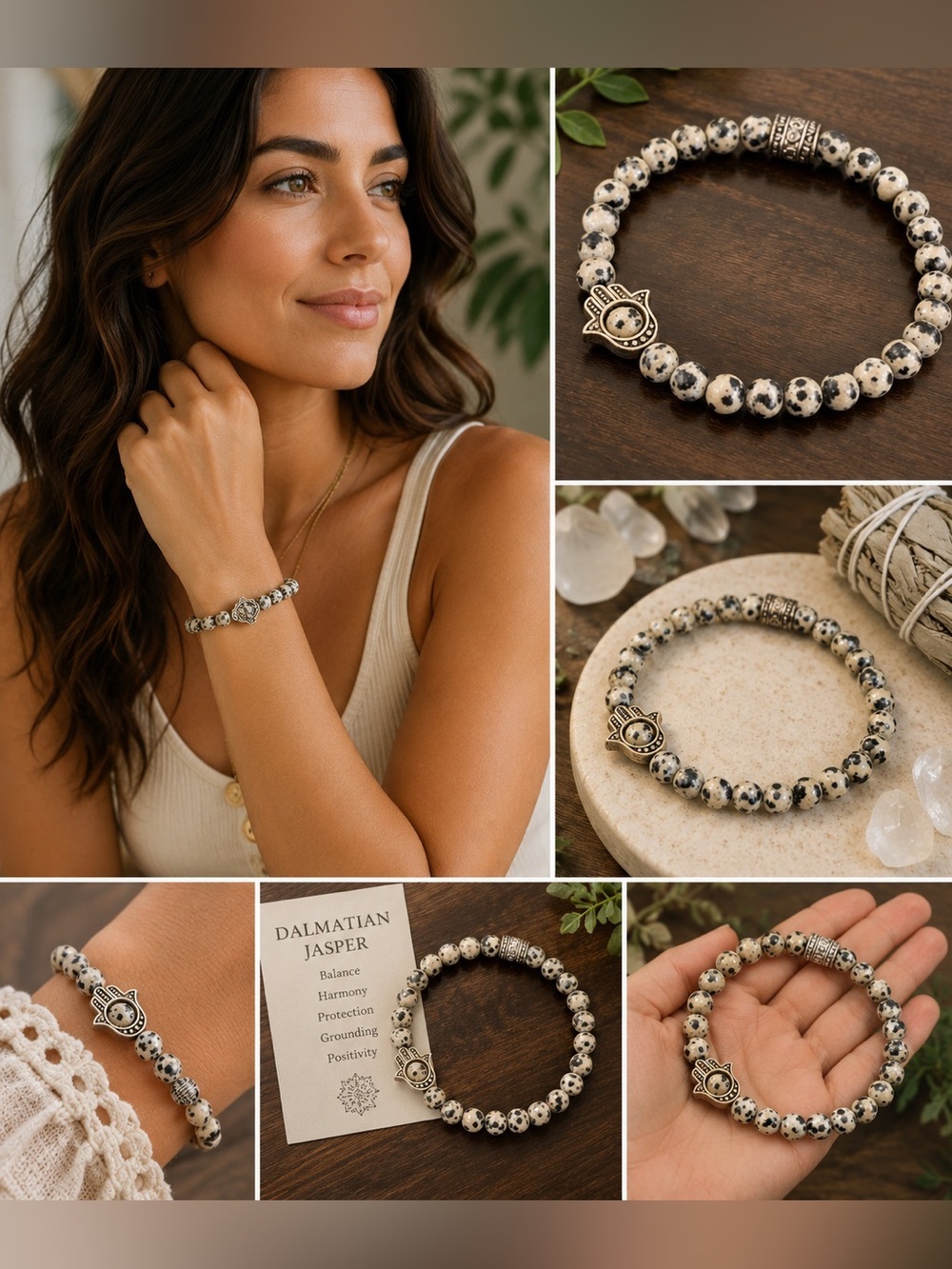 Dalmatian Jasper Hamsa Bracelet Spiritual Protection Stretch Beaded Bracelet